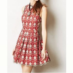 Anthropologie red lace fit flare cocktail dress